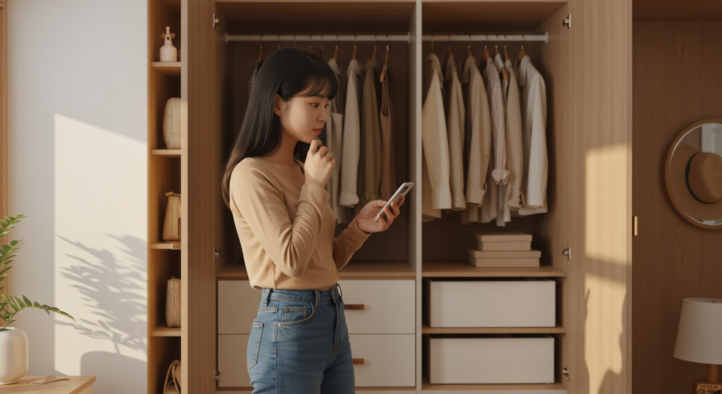 현대 여성이 옷장을 열어두고 날씨 앱을 보며 어떤 옷을 입을지 고민하는 모습
