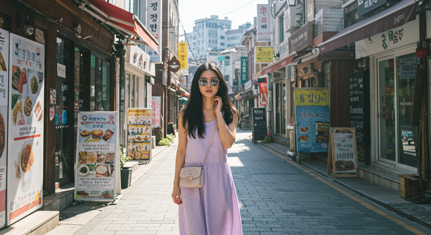 세련된 여성이 서울의 햇볕 아래에서 민소매 린넨 드레스와 선글라스를 착용하고 걷는 모습