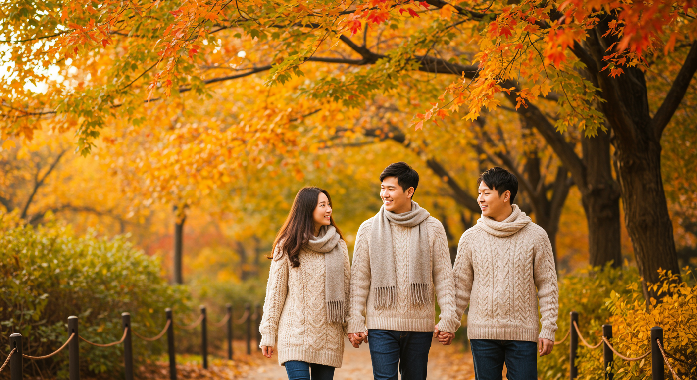 가을 공원에서 니트 스웨터와 스카프를 두르고 산책하는 커플의 포근한 모습