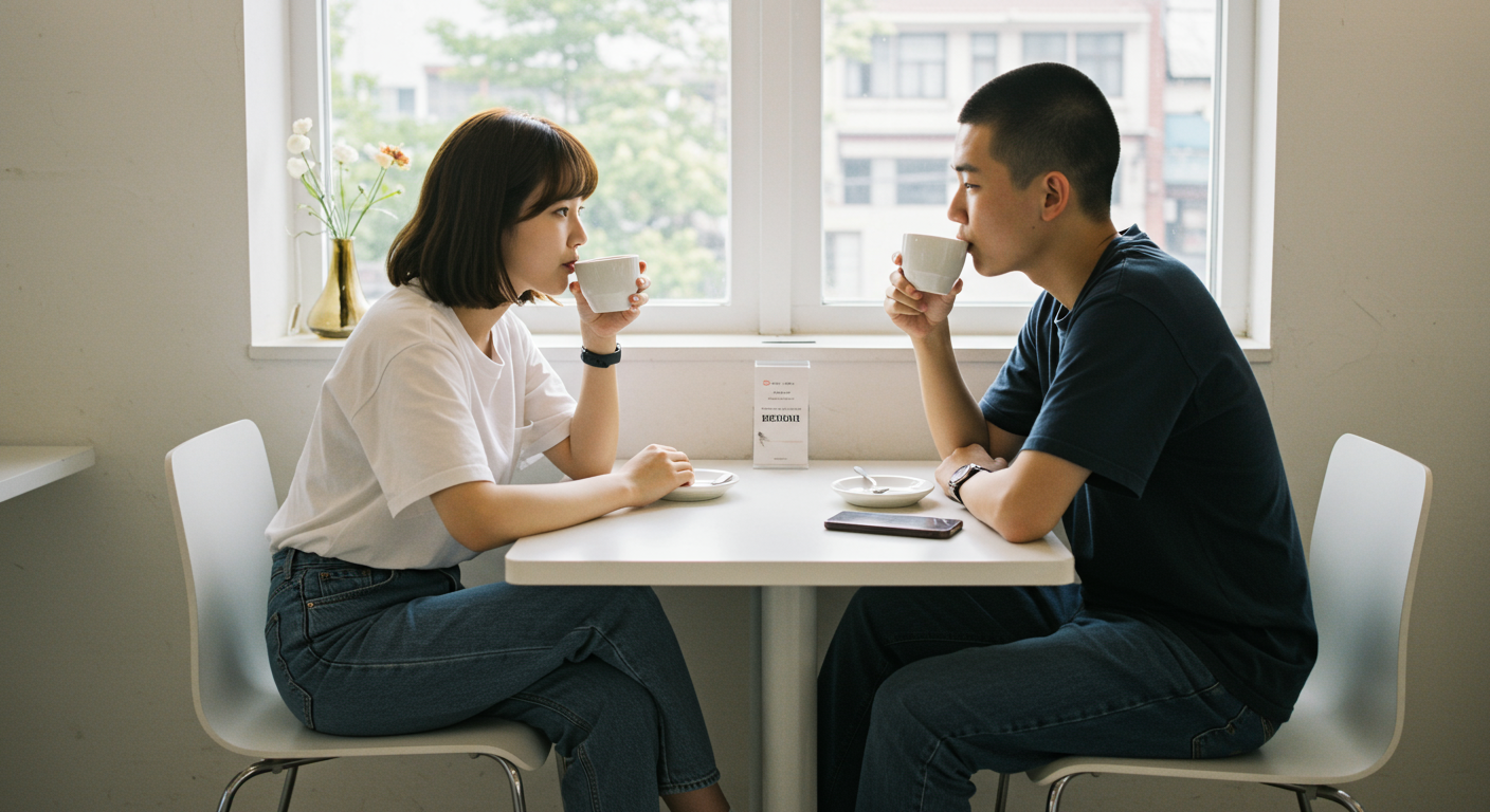 현대적인 카페에서 커피를 마시며 인스타그램 비활성화 옵션에 대해 이야기하는 두 친구