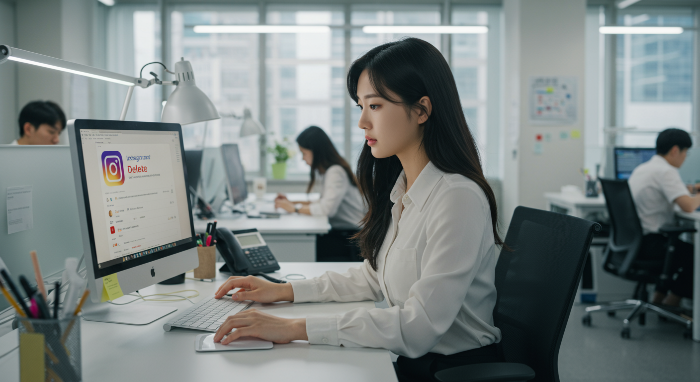오픈 플랜 사무실에서 데스크탑 컴퓨터로 인스타그램 계정을 단계별로 삭제하는 직장인의 모습