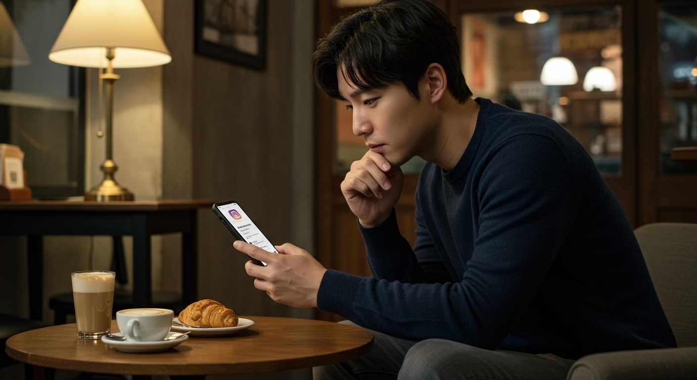 스마트폰 화면에 표시된 인스타그램 복구 옵션을 보며 생각에 잠긴 남성