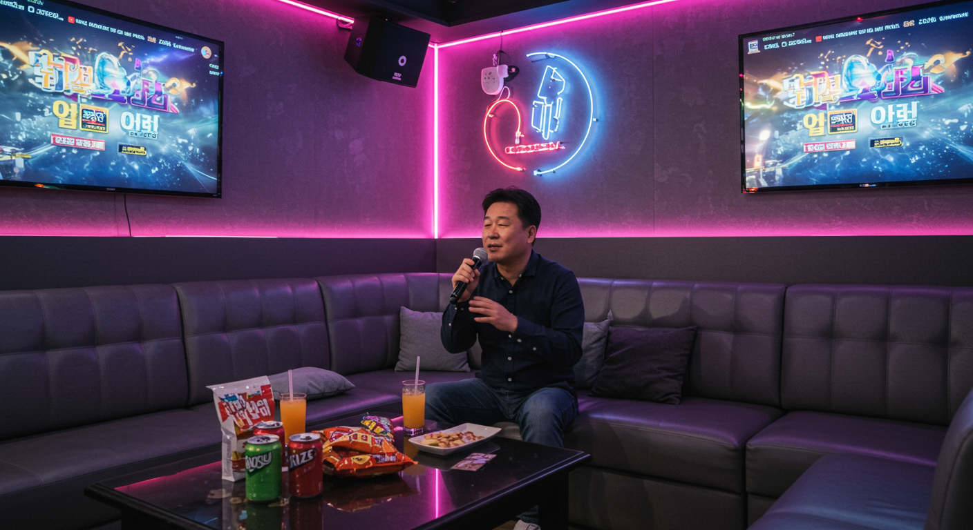 중년 남성이 혼자 노래 부르는 코인 노래방의 아늑한 분위기