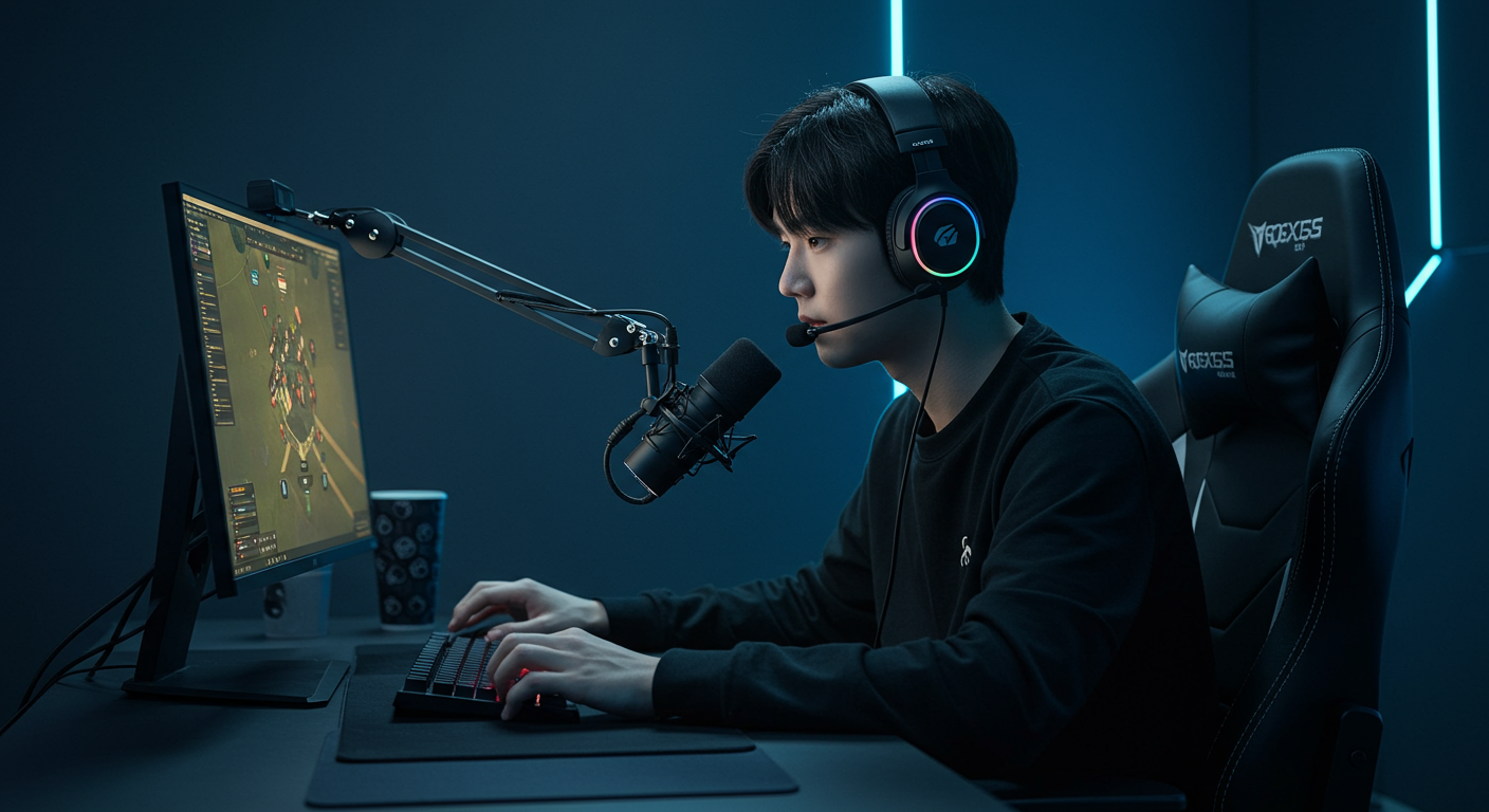 세련된 게임방에서 헤드셋과 마이크를 착용한 현대적 스트리머