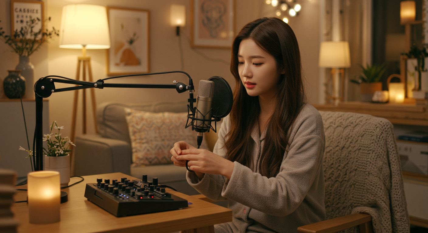 아늑한 홈 스튜디오에서 ASMR 녹음을 준비하는 콘텐츠 크리에이터의 모습
