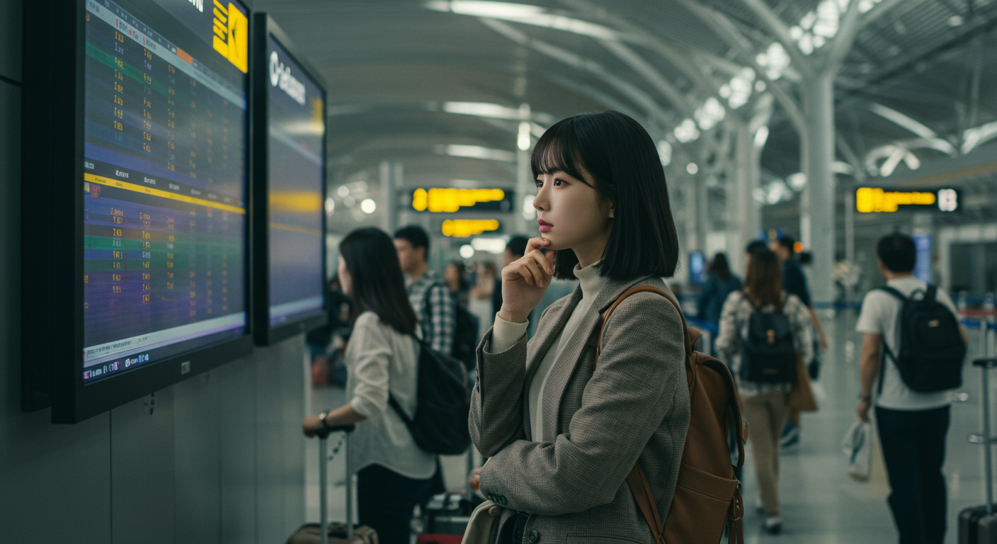 공항 터미널에서 좌석 선택을 고민하는 현대 여행객의 모습