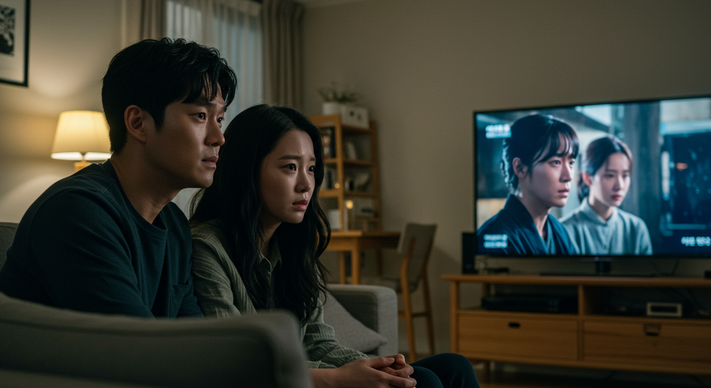 커플이 드라마를 보며 감정적으로 반응하는 모습