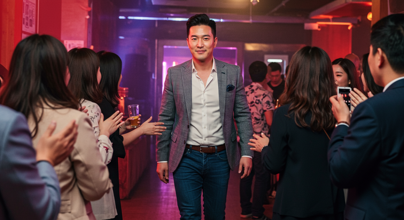 매력적인 남성이 사회적 모임에 자신감 있게 참여하는 모습