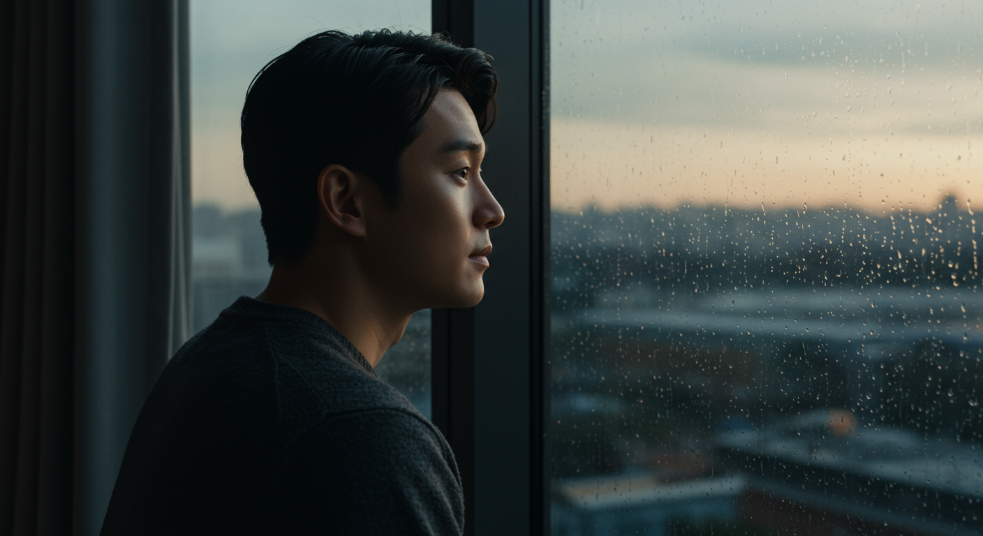 창밖을 바라보며 미련을 느끼는 남성의 모습