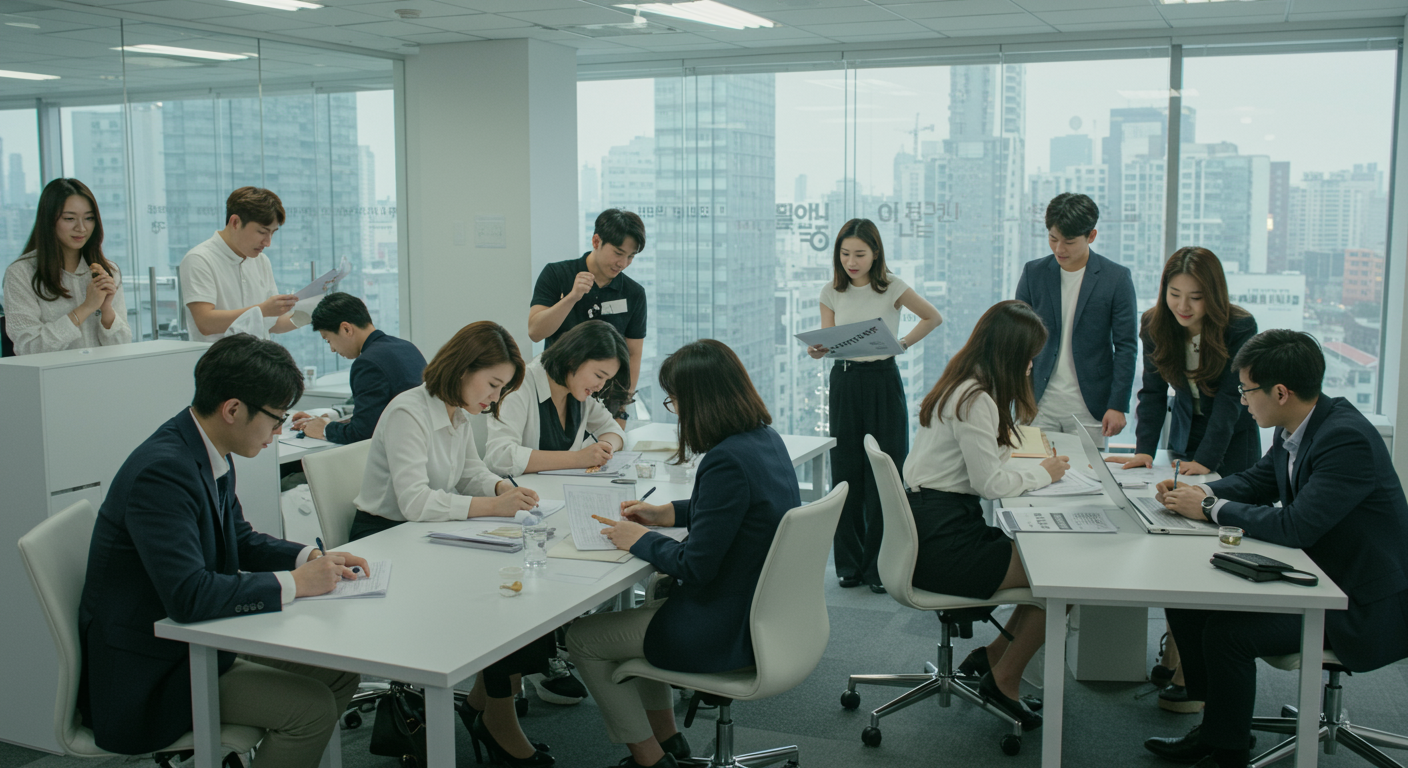 다양한 지원자들이 면접을 보는 현대적인 사무실에서의 캐스팅 세션