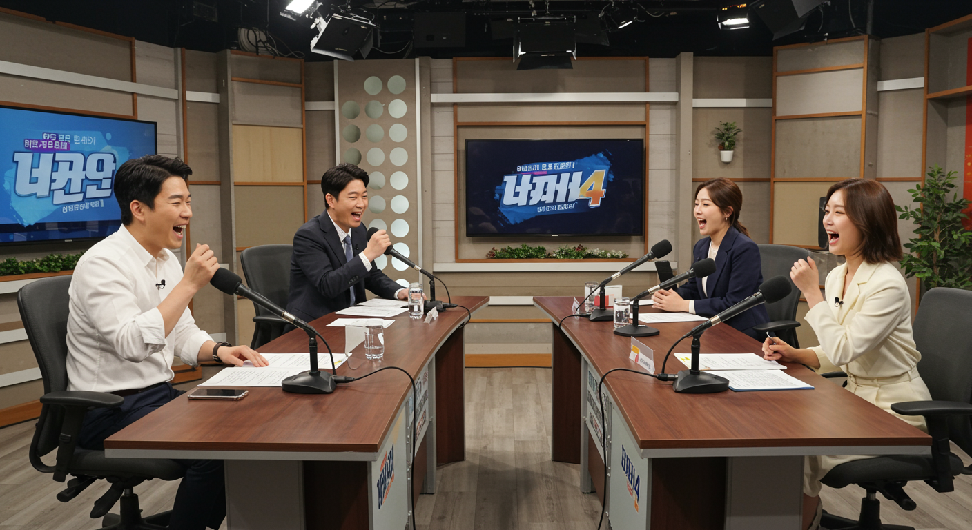 네 명의 활기찬 MC들이 세련된 스튜디오 테이블에서 토론하는 장면