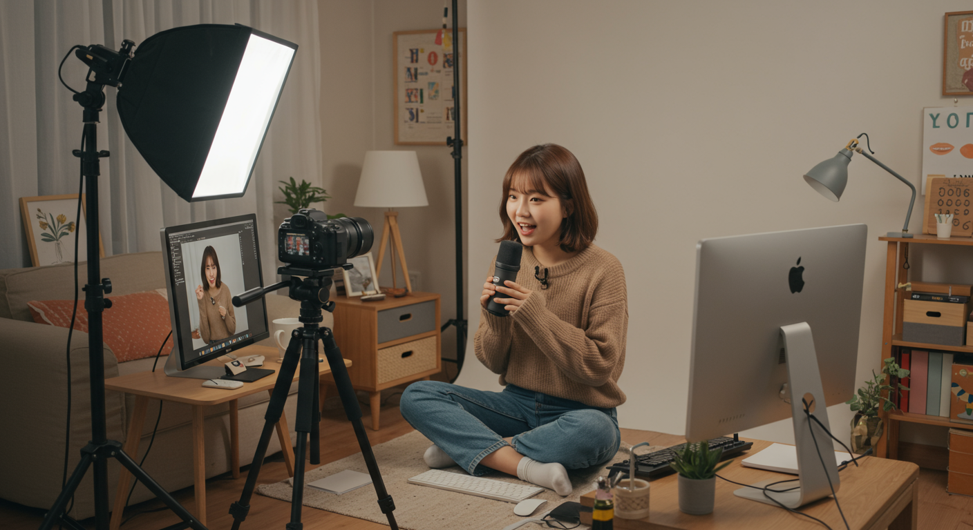 홈 스튜디오에서 유튜브 콘텐츠를 촬영하는 여성 크리에이터