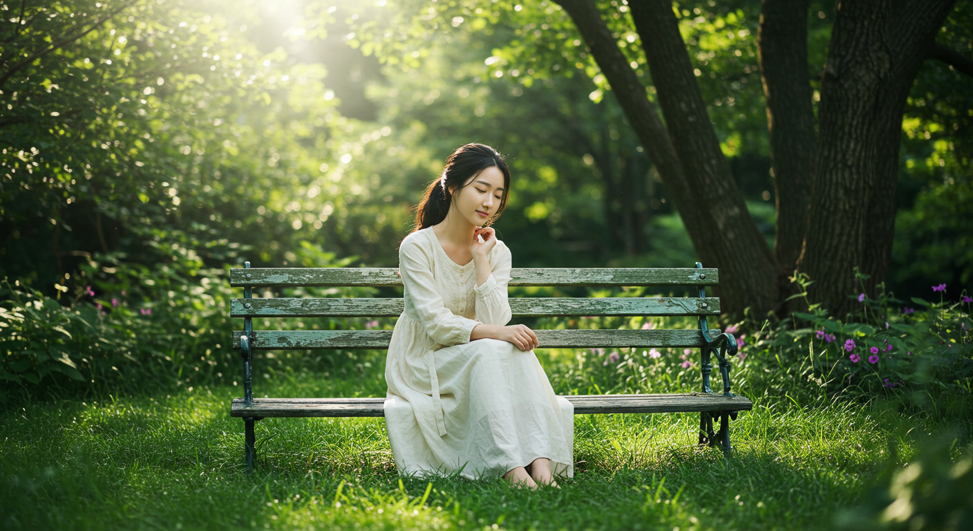자연 속에서 평온하게 삶을 성찰하는 여성