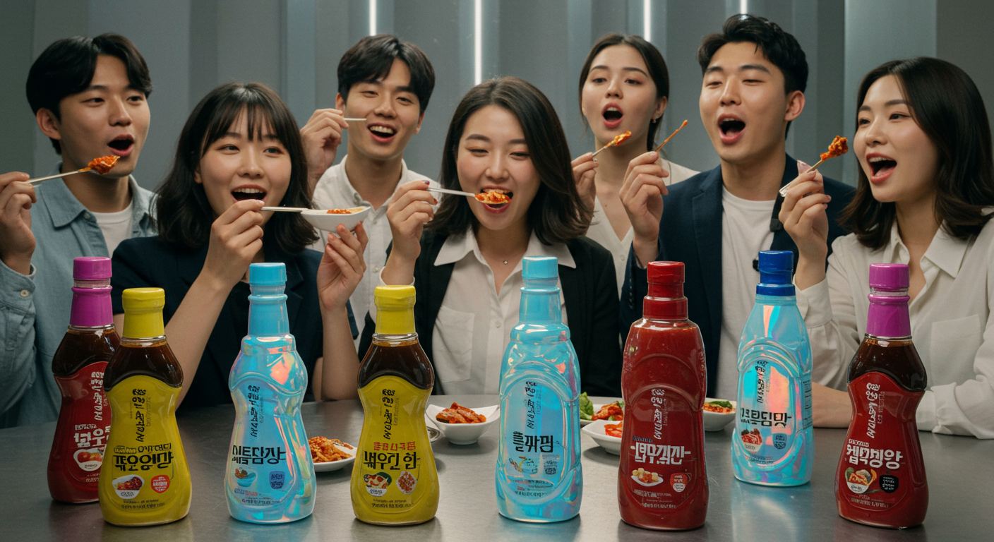 혁신적인 한국 소스들이 전시된 모습과 시식하는 사람들