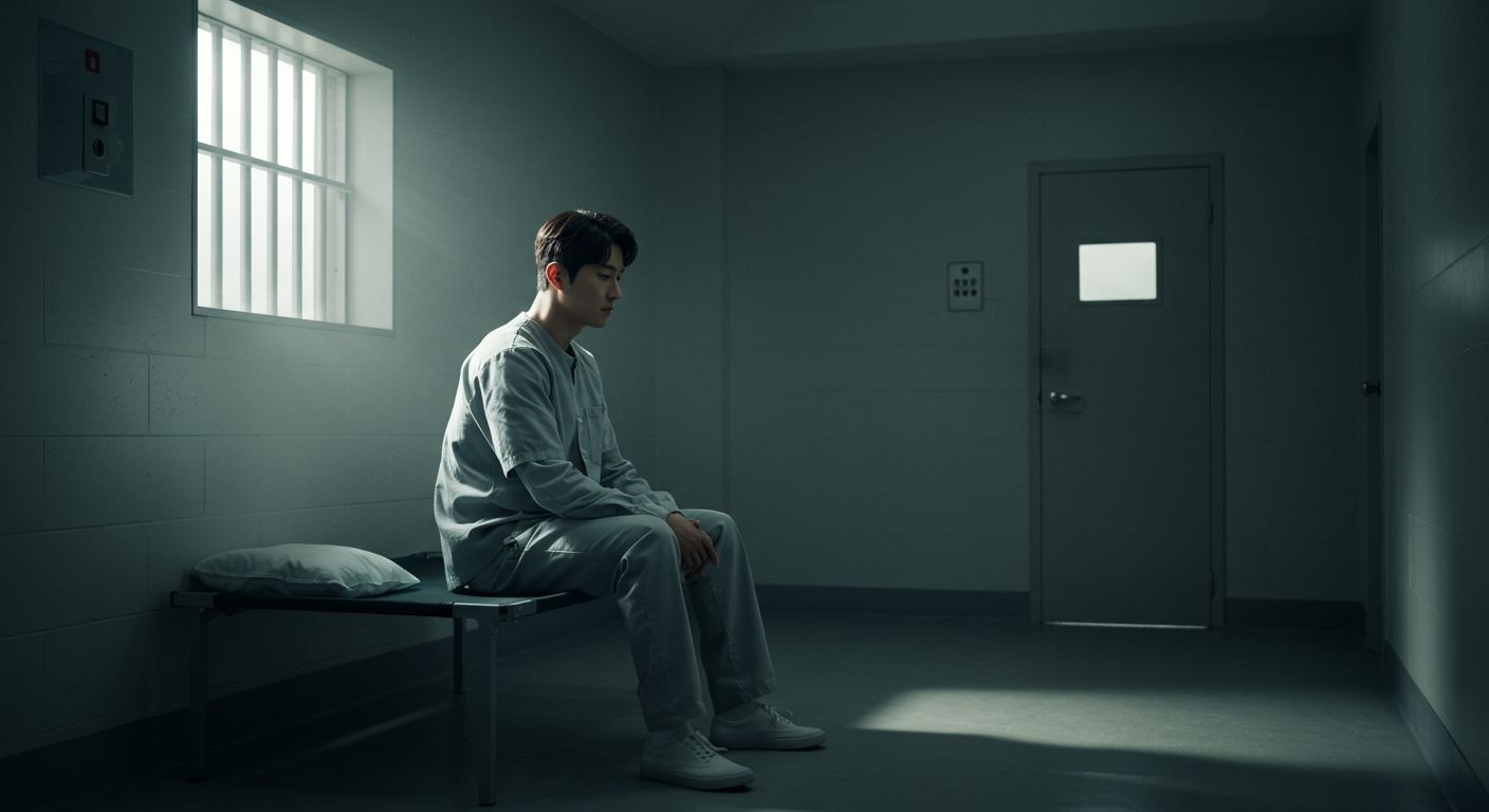 현대적인 교도소 방 안에서 사색에 잠긴 남성 가수
