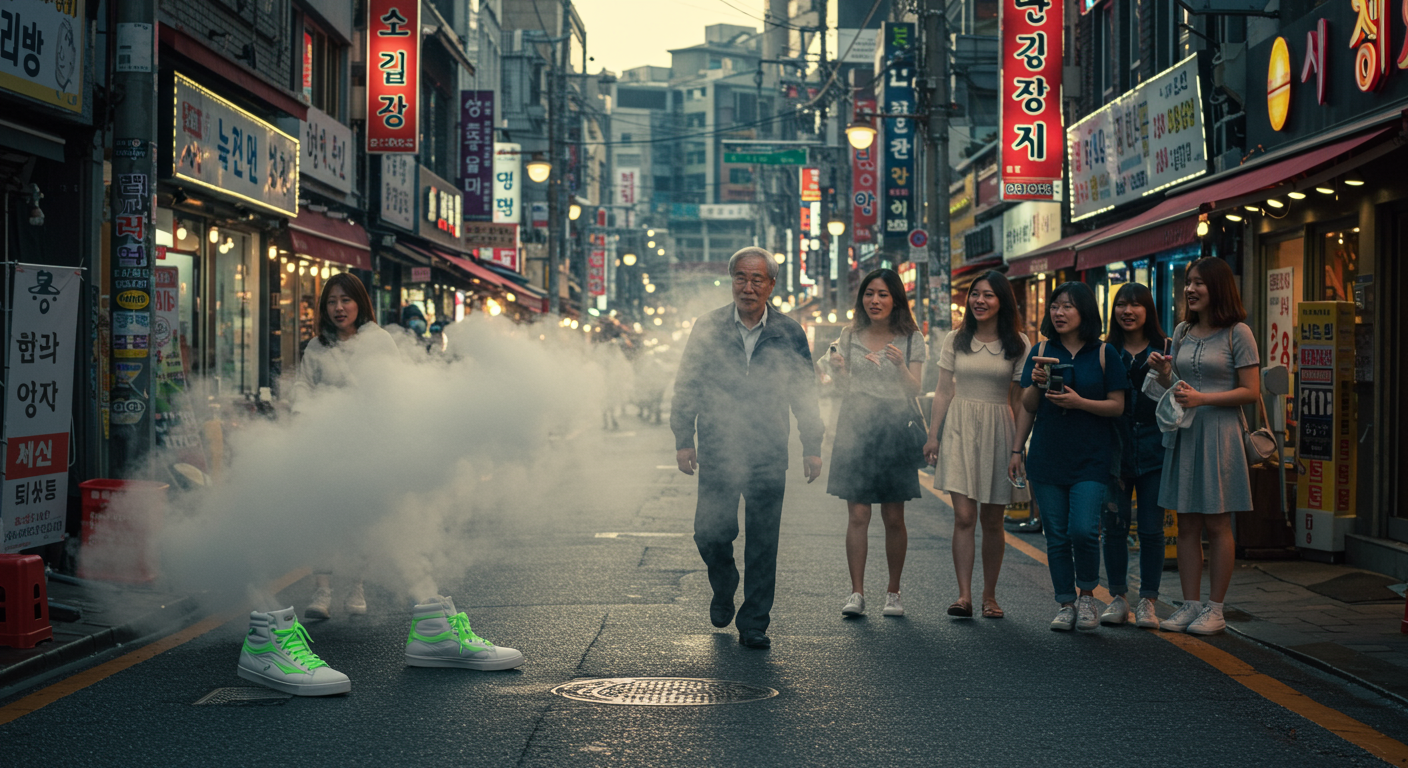 세련된 운동화에서 나오는 향기에 매료된 사람들이 분주한 한국 거리에서 몽환적으로 보이는 모습