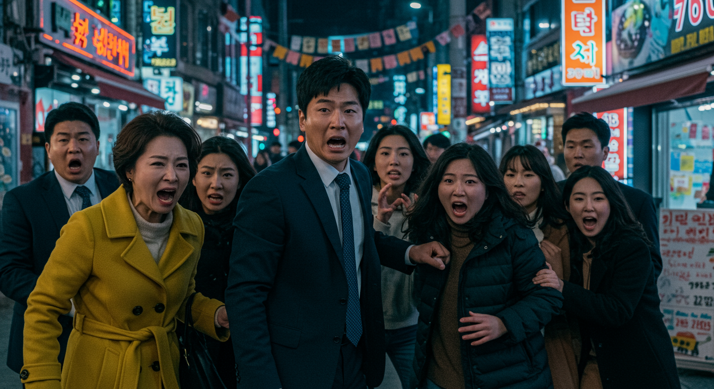 서울 번화가에서 보이지 않는 힘에 반응하며 적대감을 드러내는 사람들의 강렬한 표정