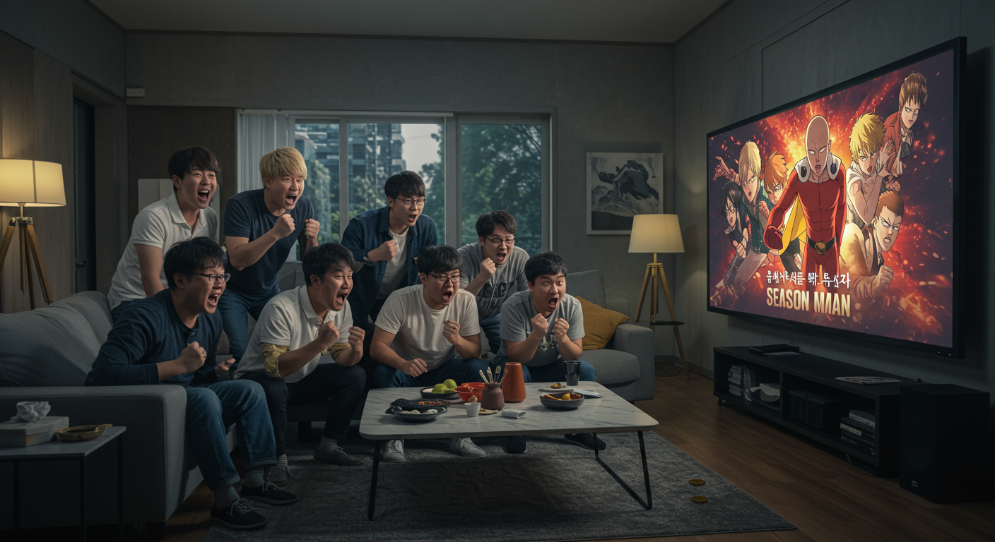현대적인 거실에서 원펀맨 시즌 3를 시청하며 기대에 찬 표정을 짓고 있는 한국 애니메이션 팬들
