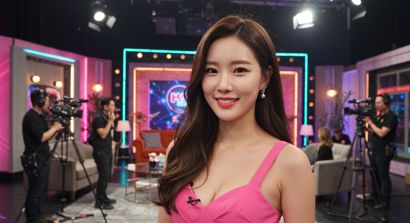 TV 연애 프로그램 세트장에서 모델 같은 외모를 가진 여성이 카메라 크루와 조명에 둘러싸인 모습