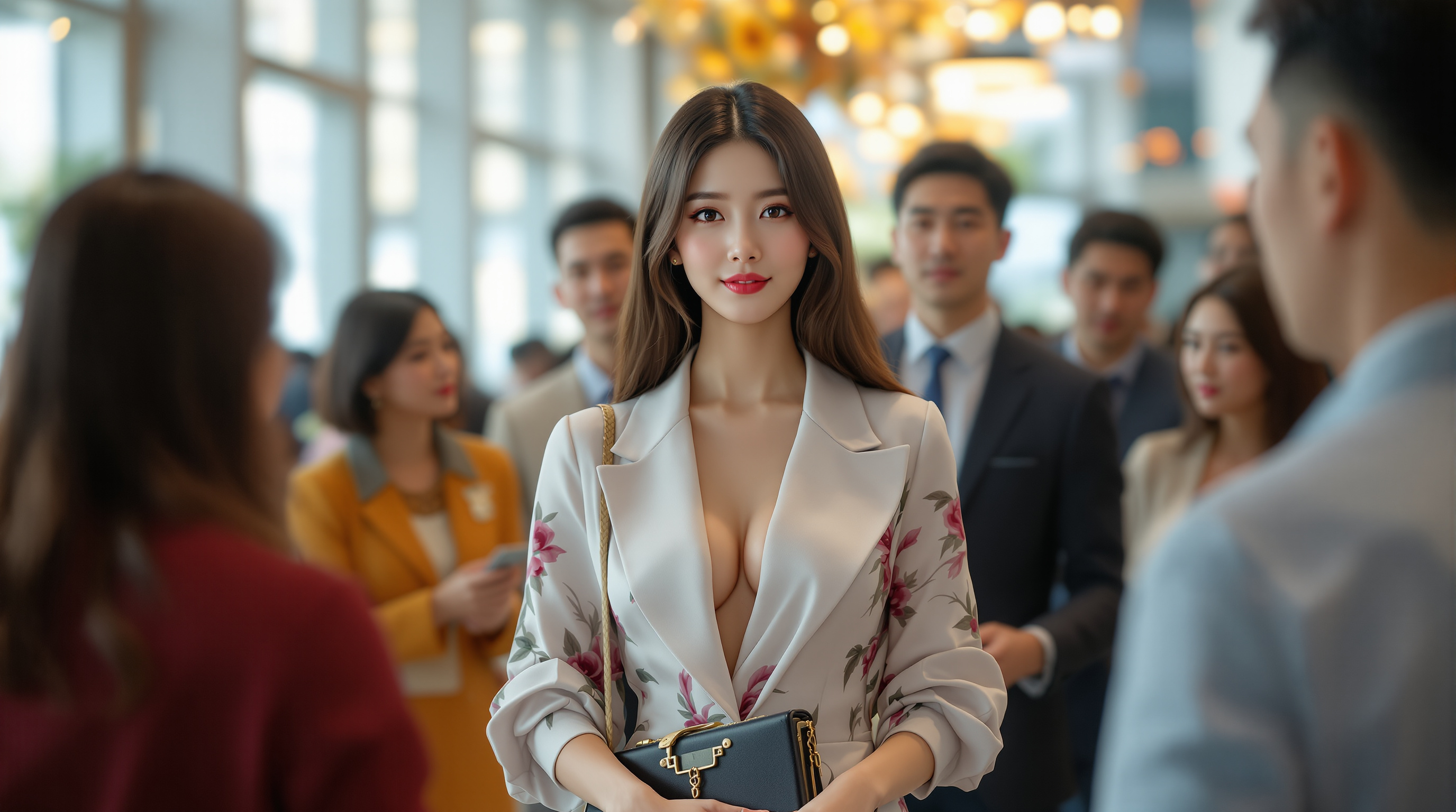 사회 행사에서 당당하게 서 있는 바비인형 같은 완벽한 비율의 여성과 그녀를 주목하는 사람들