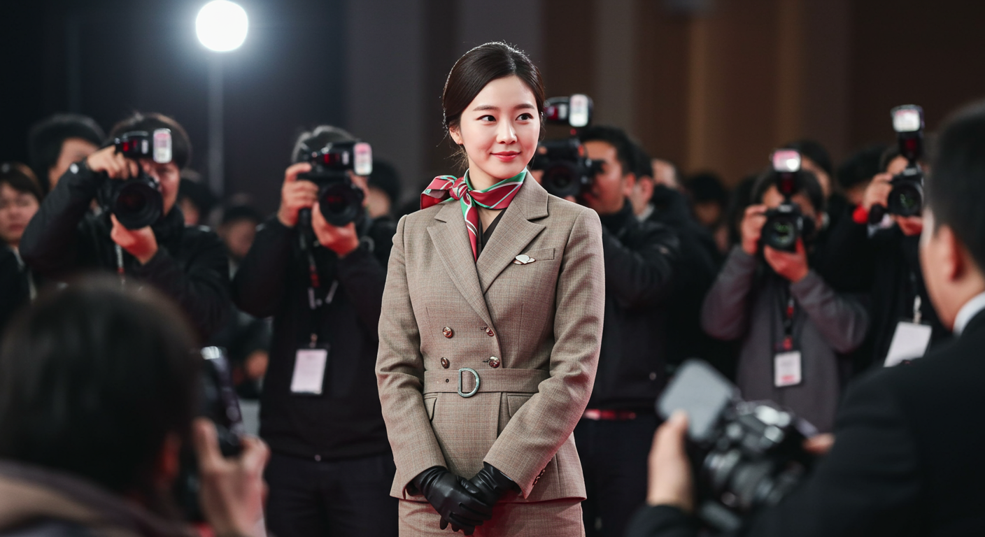 세련된 복장을 입고 대중 행사에서 매체들의 사진 촬영을 받는 우아한 여성