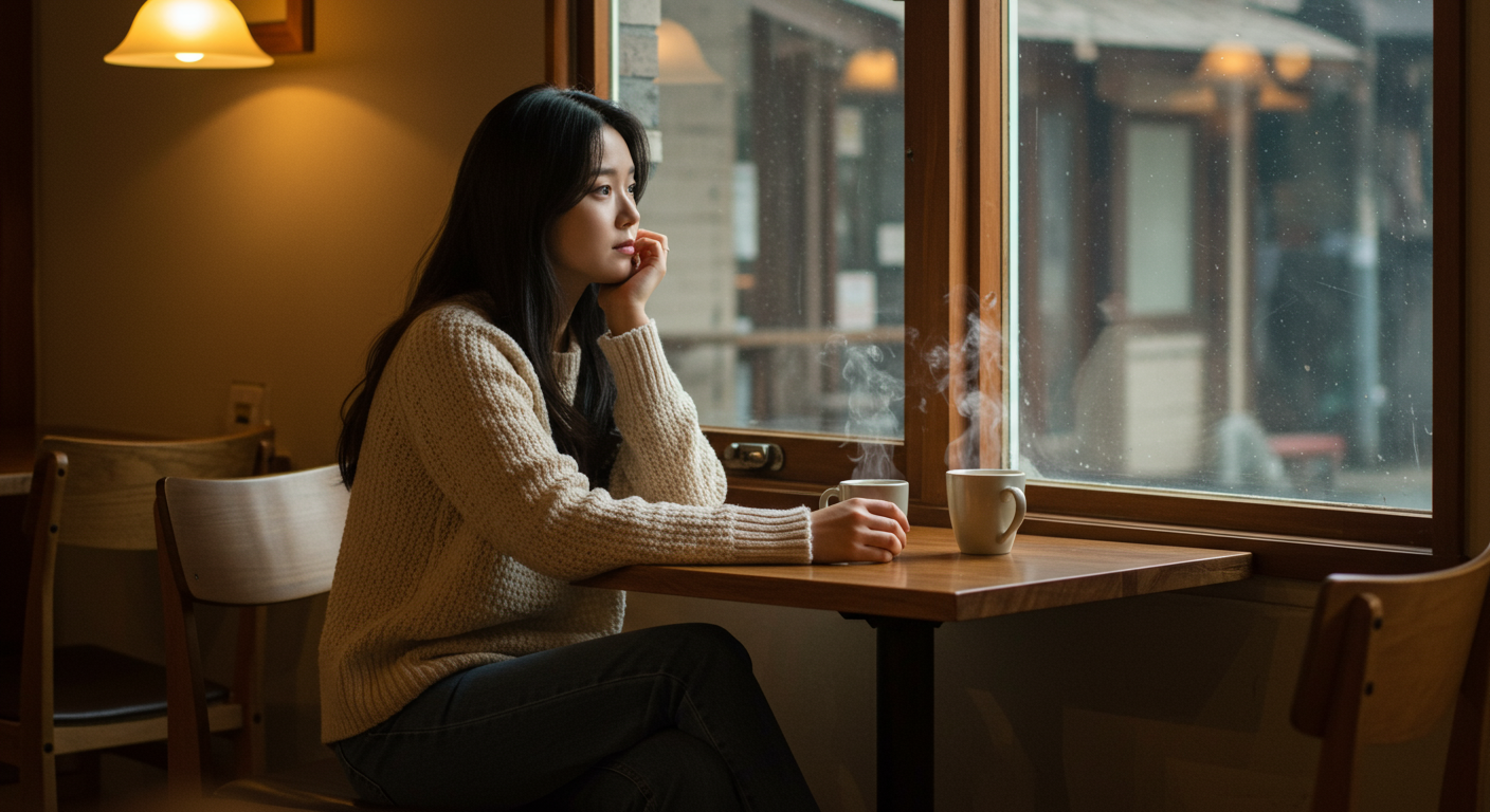 아늑한 카페에서 창밖을 보며 깊은 생각에 잠긴 여성