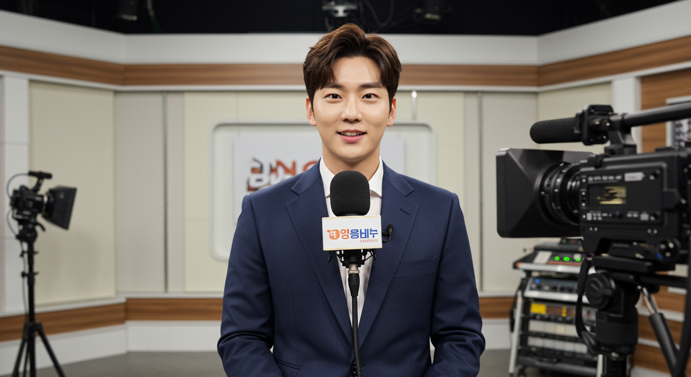 스튜디오에서 자신의 연애 사실을 발표하는 남성 방송인의 모습