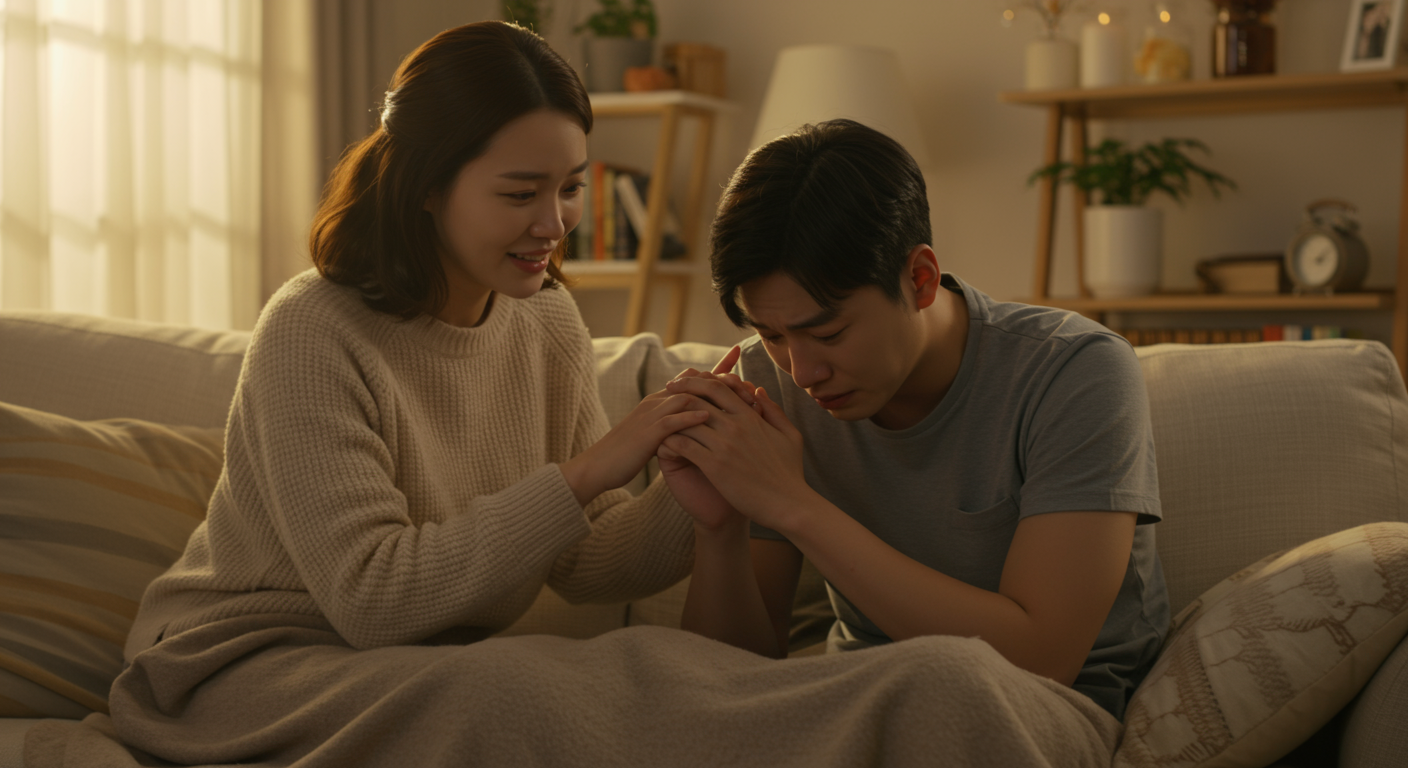 집에서 정서적 위기를 겪는 남자친구를 위로하는 따뜻한 분위기의 여자친구