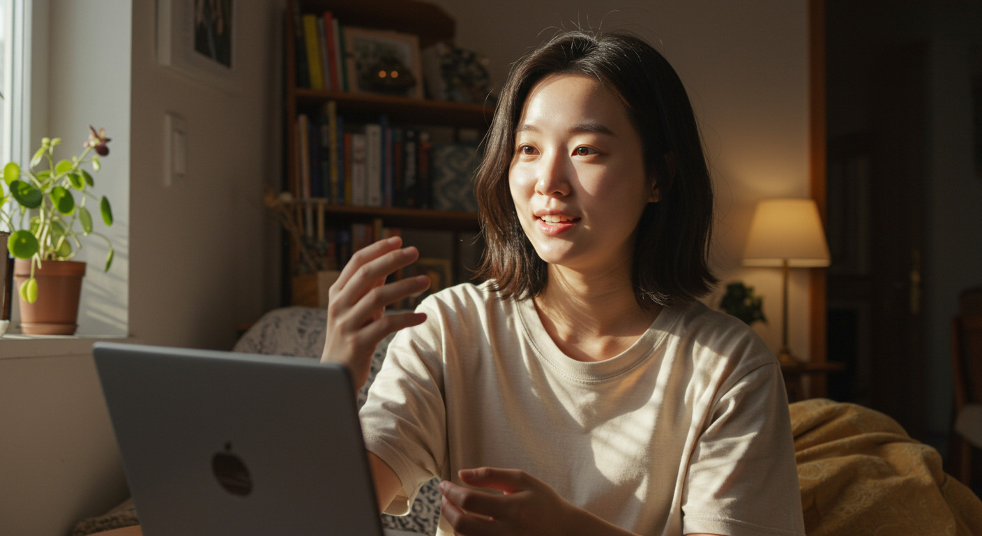 화장 없이 자연스럽게 집에서 팔로워와 소통하며 편안함을 보여주는 한국 여성의 순간
