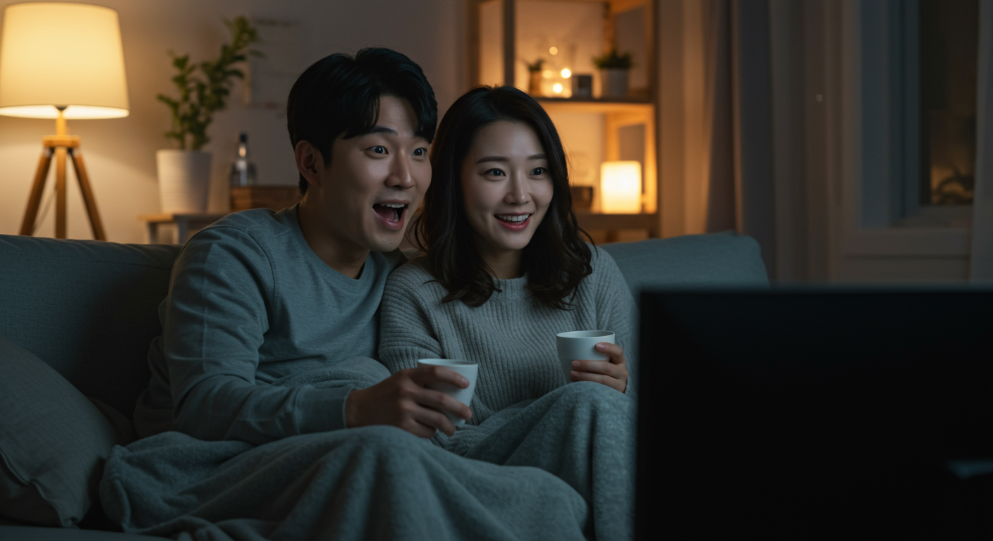 현대적인 한국 커플이 집에서 함께 TV를 보며 흥미롭고 호기심 가득한 표정을 짓고 있는 모습