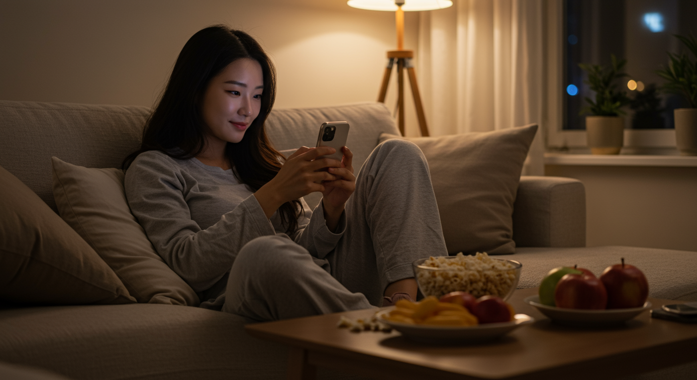 저녁에 소파에 앉아 스마트폰으로 라이브 스트림 쇼를 시청하며 간식을 곁들이는 젊은 여성