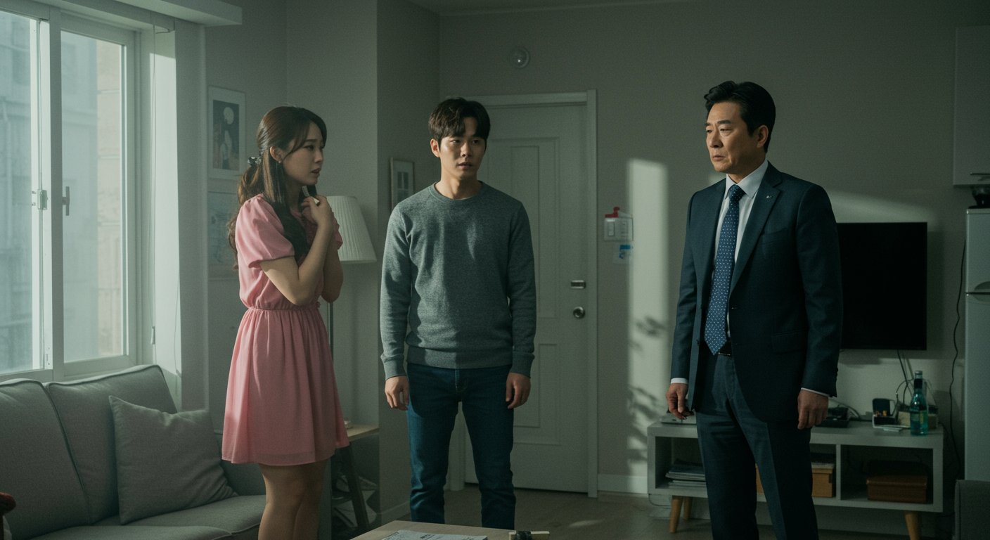 현대식 아파트에서 세 인물 간의 질투와 혼란을 표현하는 긴장감 넘치는 장면
