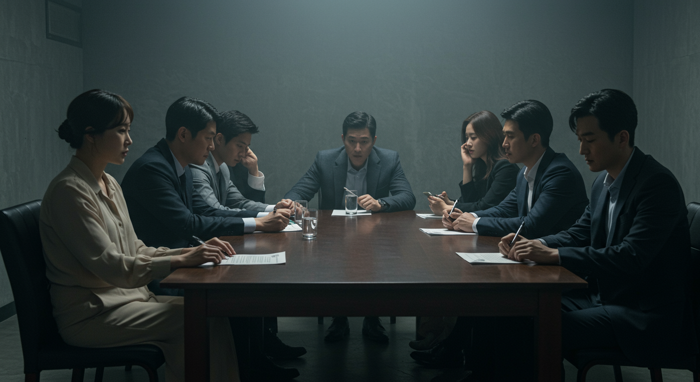 어두운 조명 아래 비밀이 밝혀지는 미스터리한 토킹룸에서 한국인 참가자들 간의 드라마틱한 순간