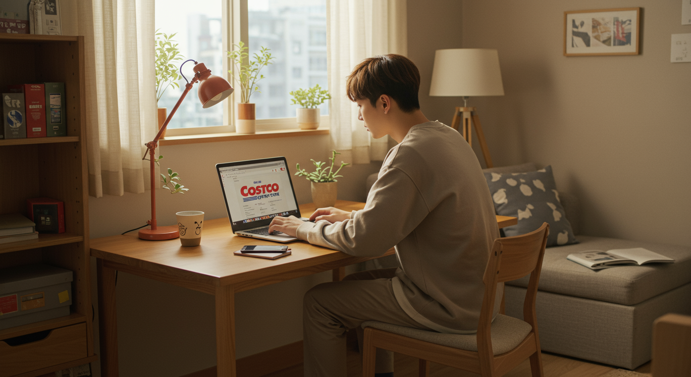 현대적인 남성이 집에서 노트북으로 코스트코 온라인몰을 이용하는 모습