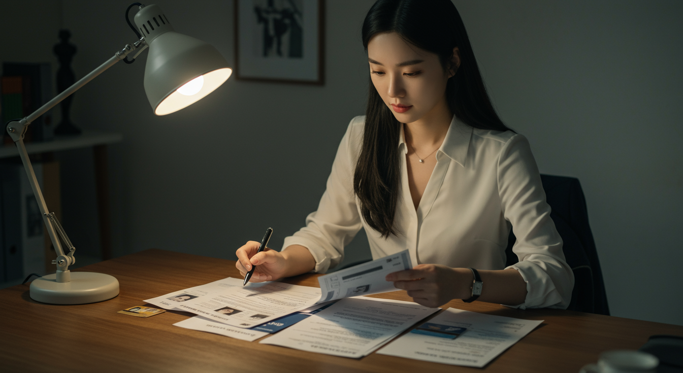 여성이 신분증과 서류를 책상 위에 놓고 회원가입 준비하는 모습