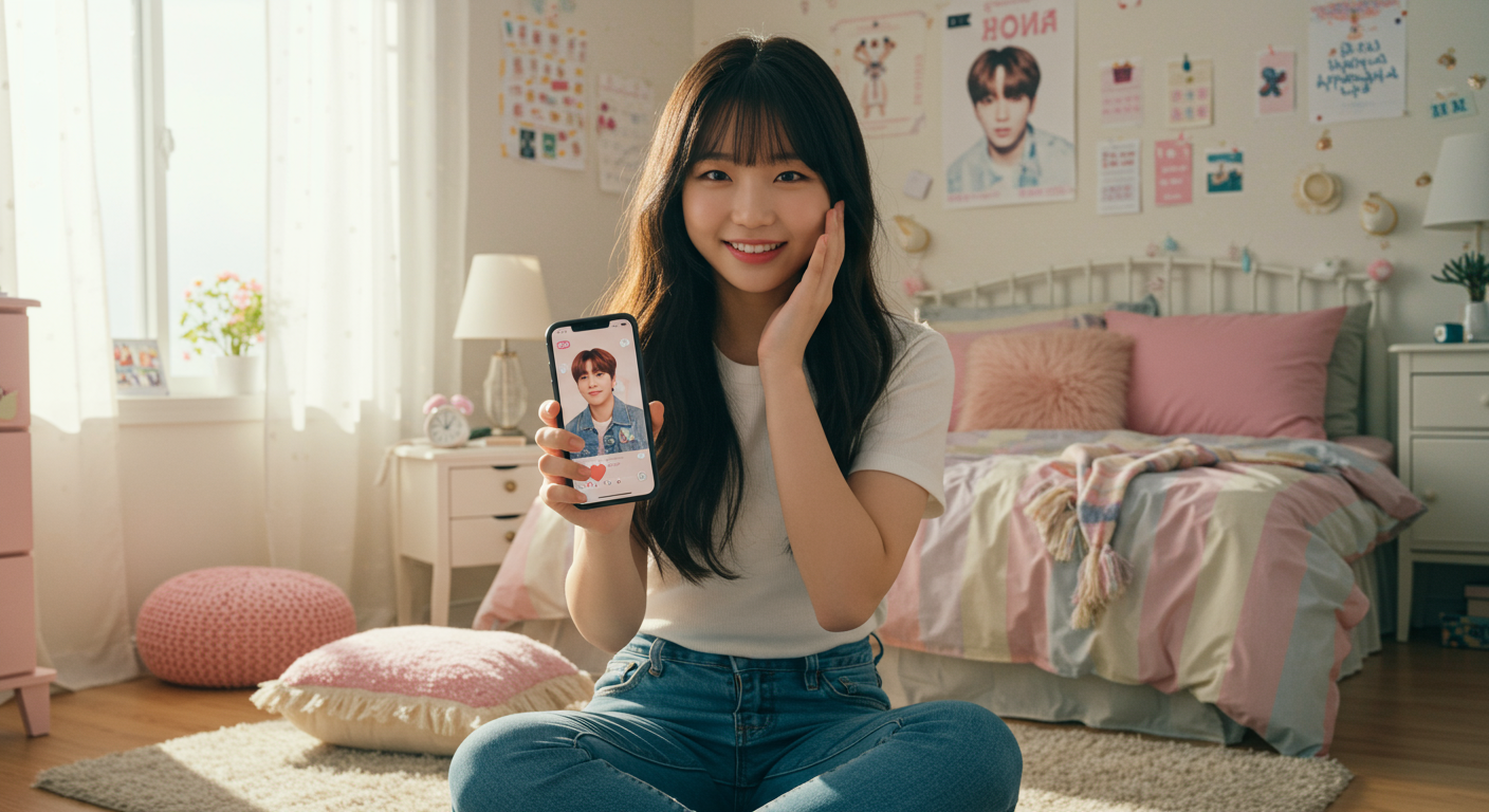 아이돌 배경화면으로 스마트폰을 꾸민 소녀의 행복한 모습