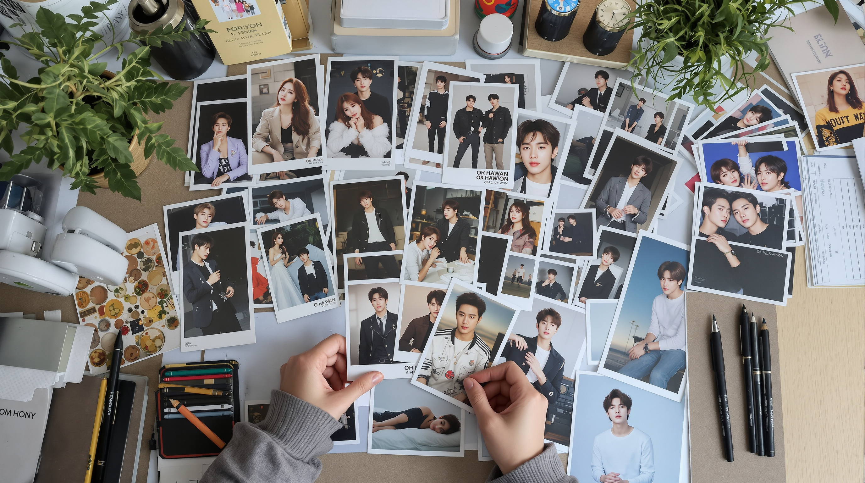 다양한 화보와 공연 사진들이 책상 위에 놓여 있는 팬의 모습