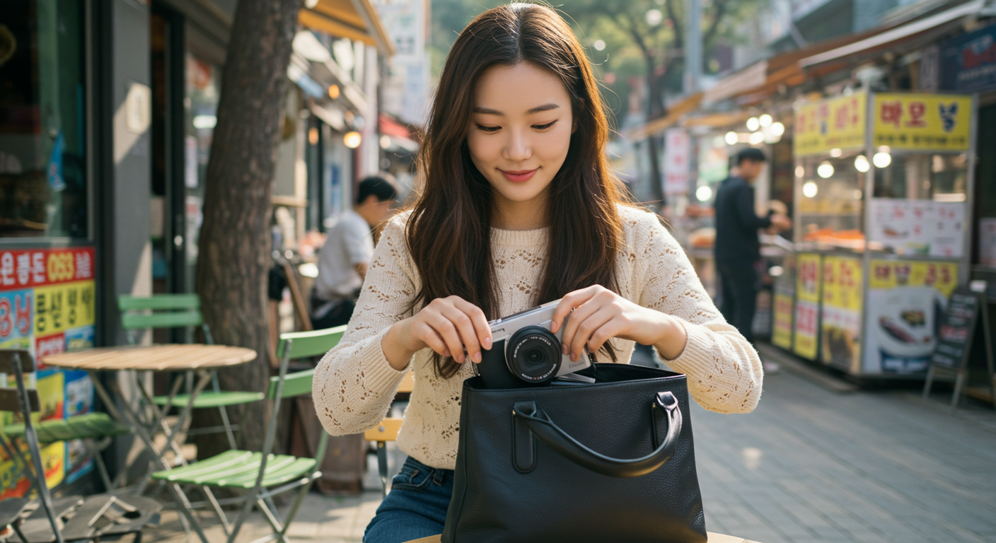서울의 야외 카페에서 가방에 슬림한 리코 GR3 카메라를 자연스럽게 넣고 있는 여성의 모습
