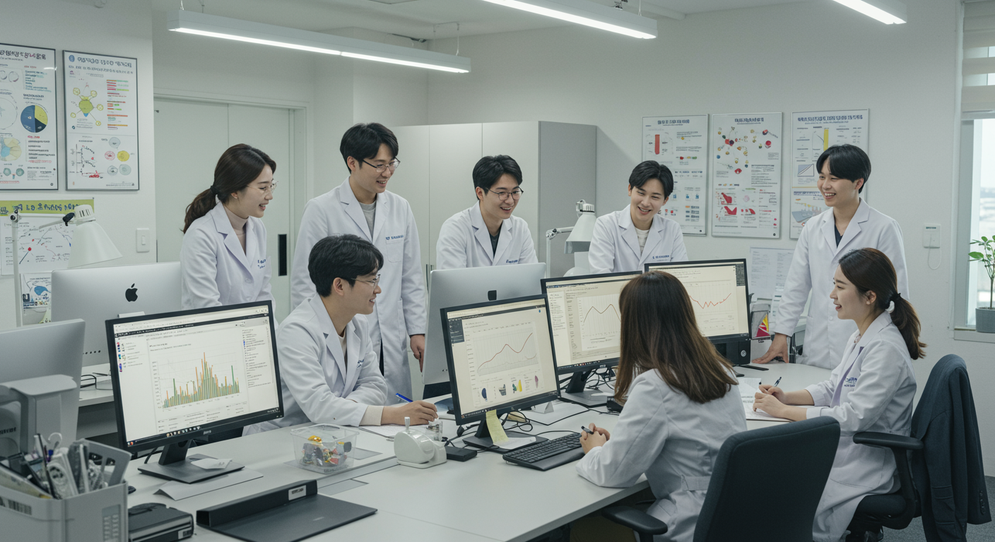 현대적인 한국 제약회사 사무실에서 연구원들이 신약 승인 과정을 논의하는 모습