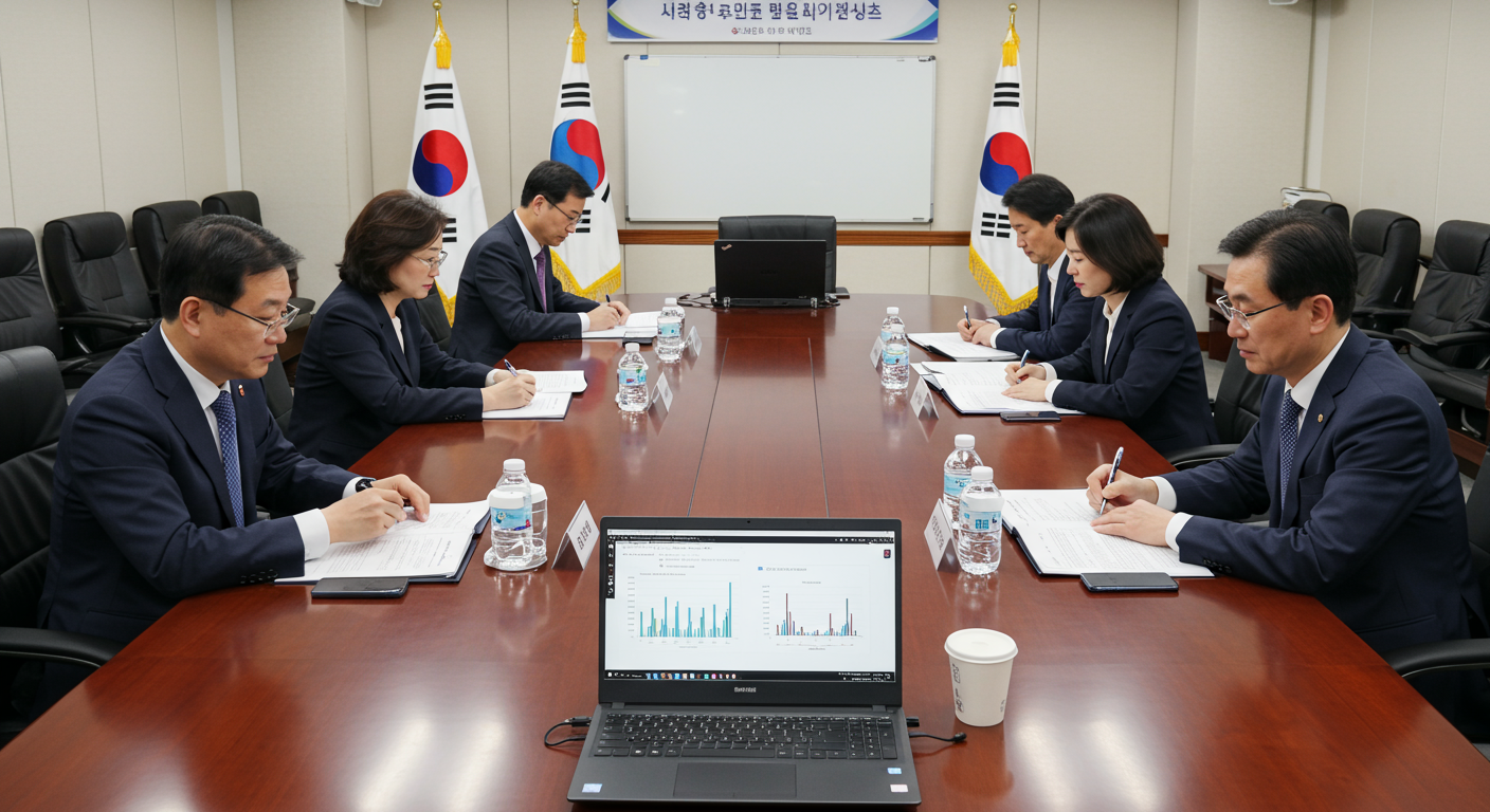 한국 정부 관계자들과 제약사 대표들이 공식 회의장에서 약가 협상을 진행하는 모습
