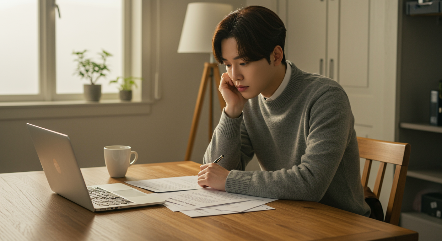 집에서 멤버십 조건을 검토하는 신중한 모습의 개인