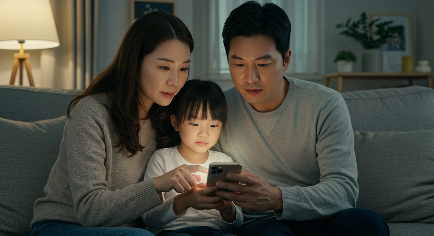 현대적인 거실에서 스마트폰으로 육아 앱을 탐색하는 가족의 모습