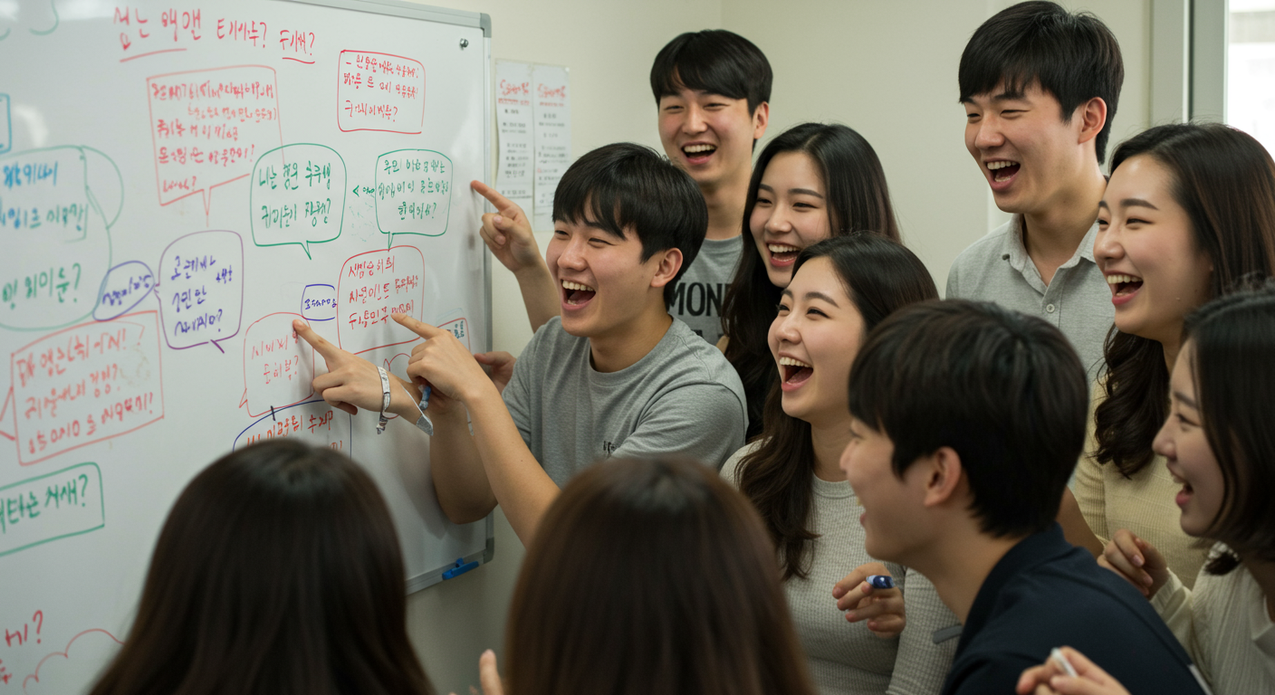 젊은 한국인들이 화이트보드에 적힌 유머러스한 언어 퍼즐을 보며 웃고 있는 모습