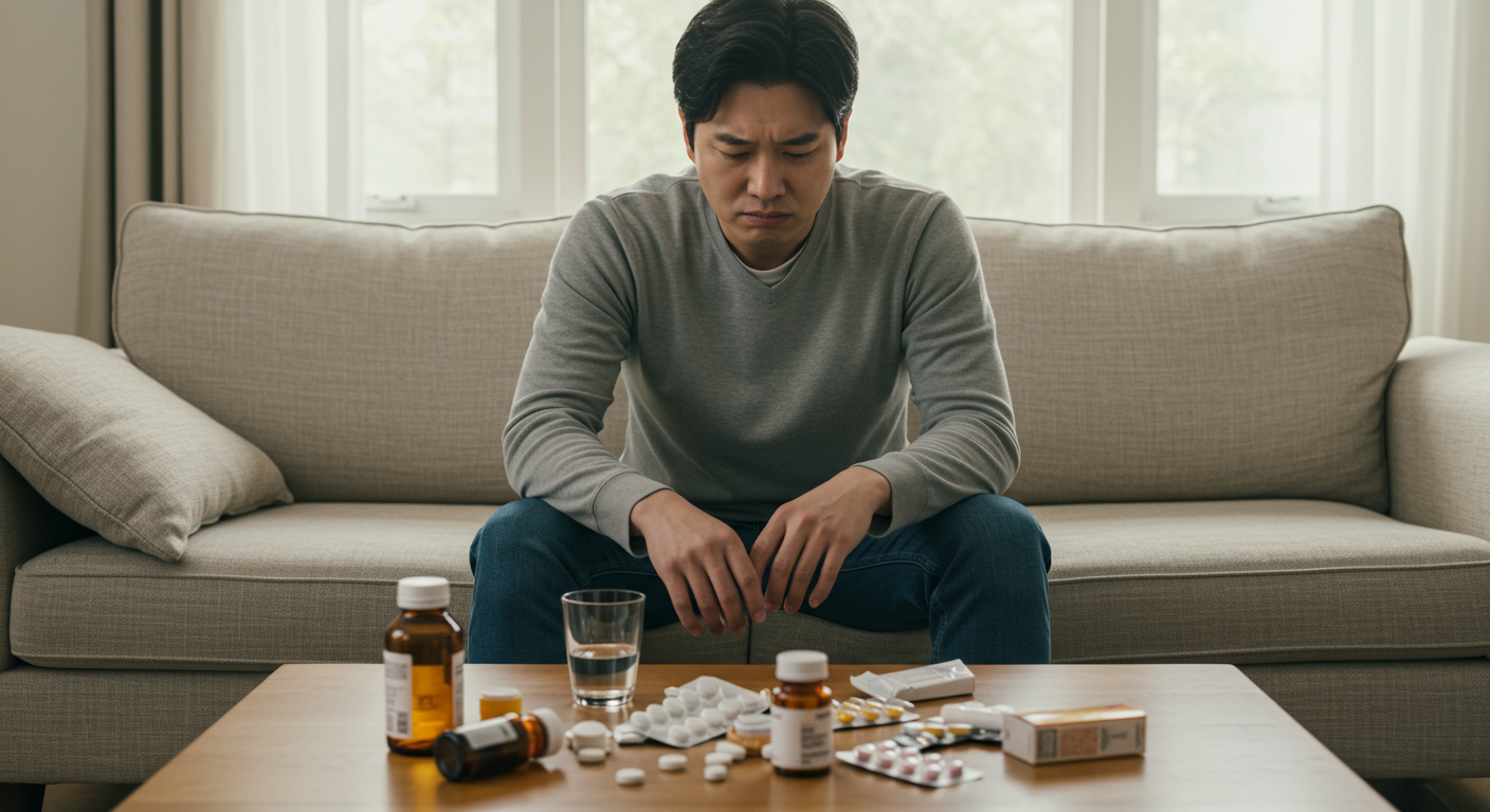 소파에 앉아 불편한 표정으로 약병을 옆에 두고 있는 남성