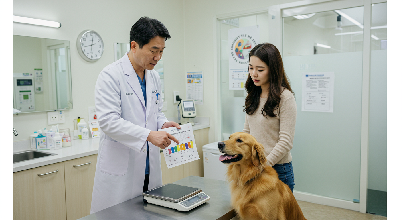 수의사가 반려인과 강아지에게 체중 측정 도구와 차트를 보이며 상담하는 장면