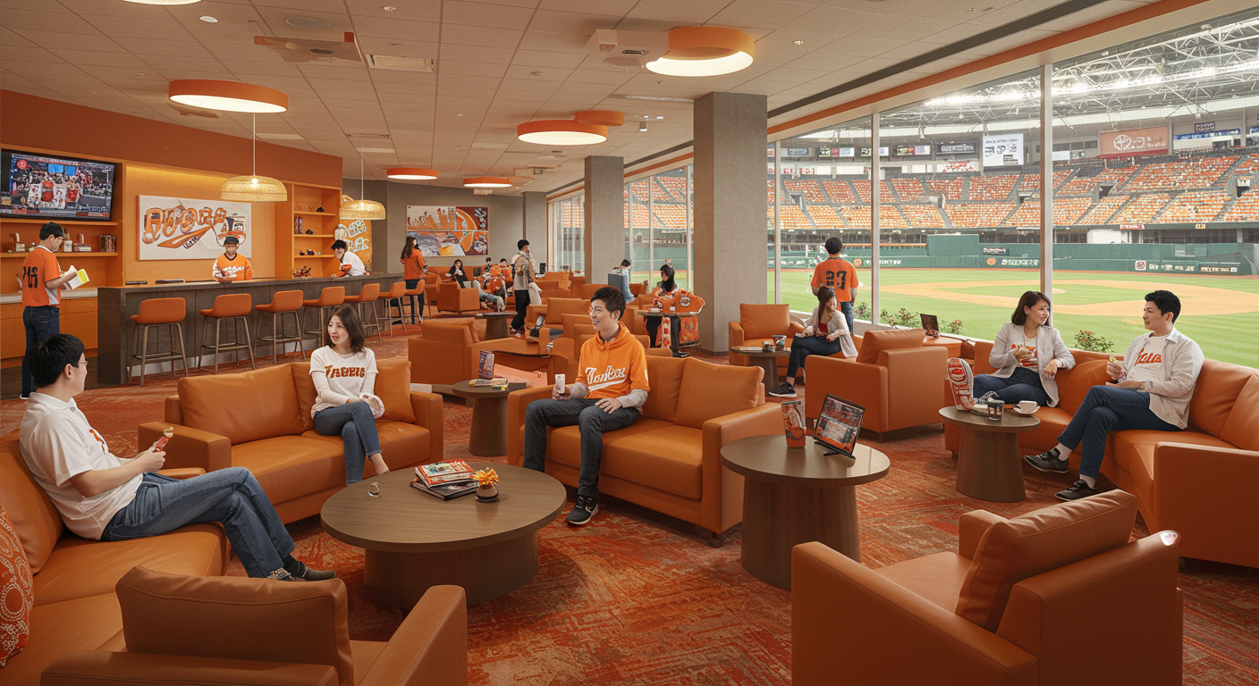 오렌지 컬러로 꾸며진 프리미엄 라운지에서 즐기는 팬들