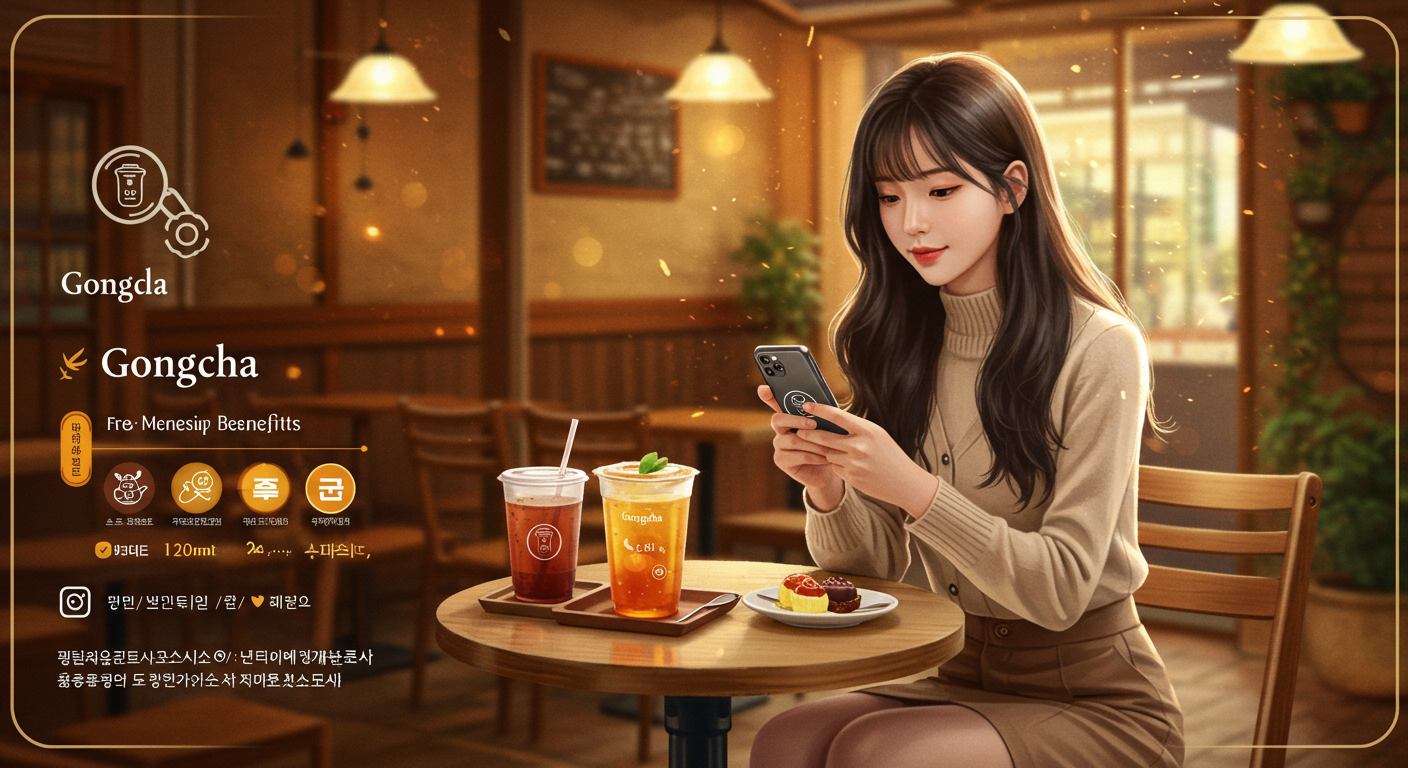 스마트폰 앱으로 공차 멤버십 혜택을 사용하는 젊은 여성