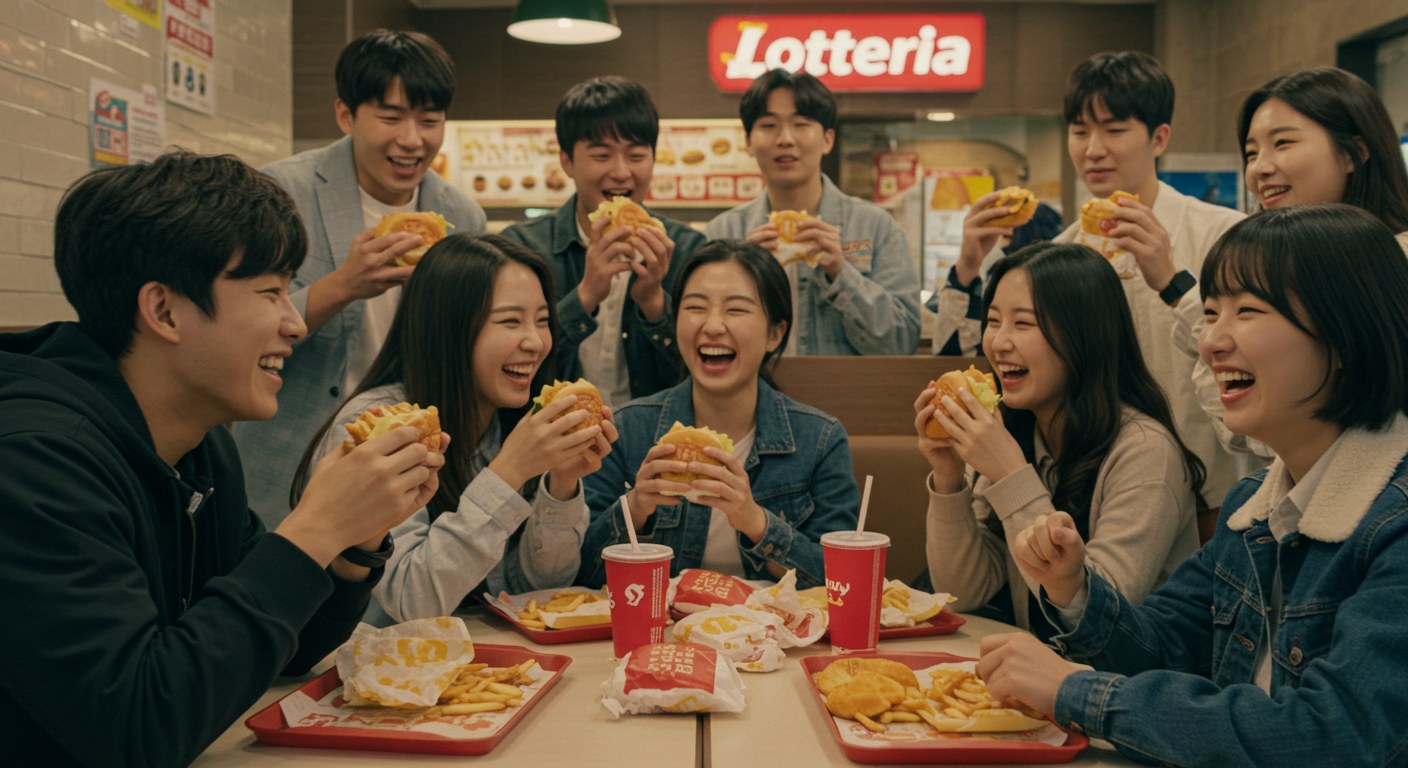 점심 할인 시간대에 롯데리아에서 할인가로 햄버거를 즐기는 젊은이들