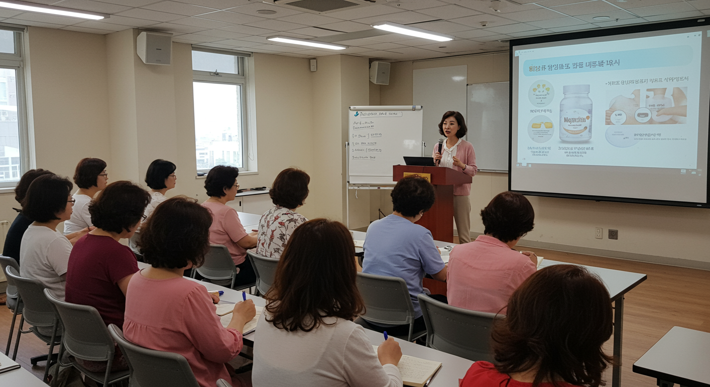 중년 여성들이 건강 세미나에서 마그네슘의 효능을 논의하는 장면