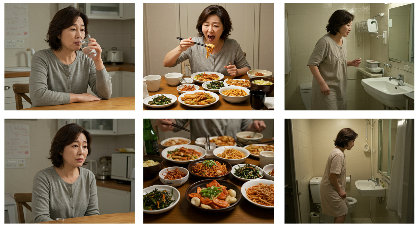 물을 많이 마시고 식사량이 많으며 화장실을 자주 가는 한국 여성